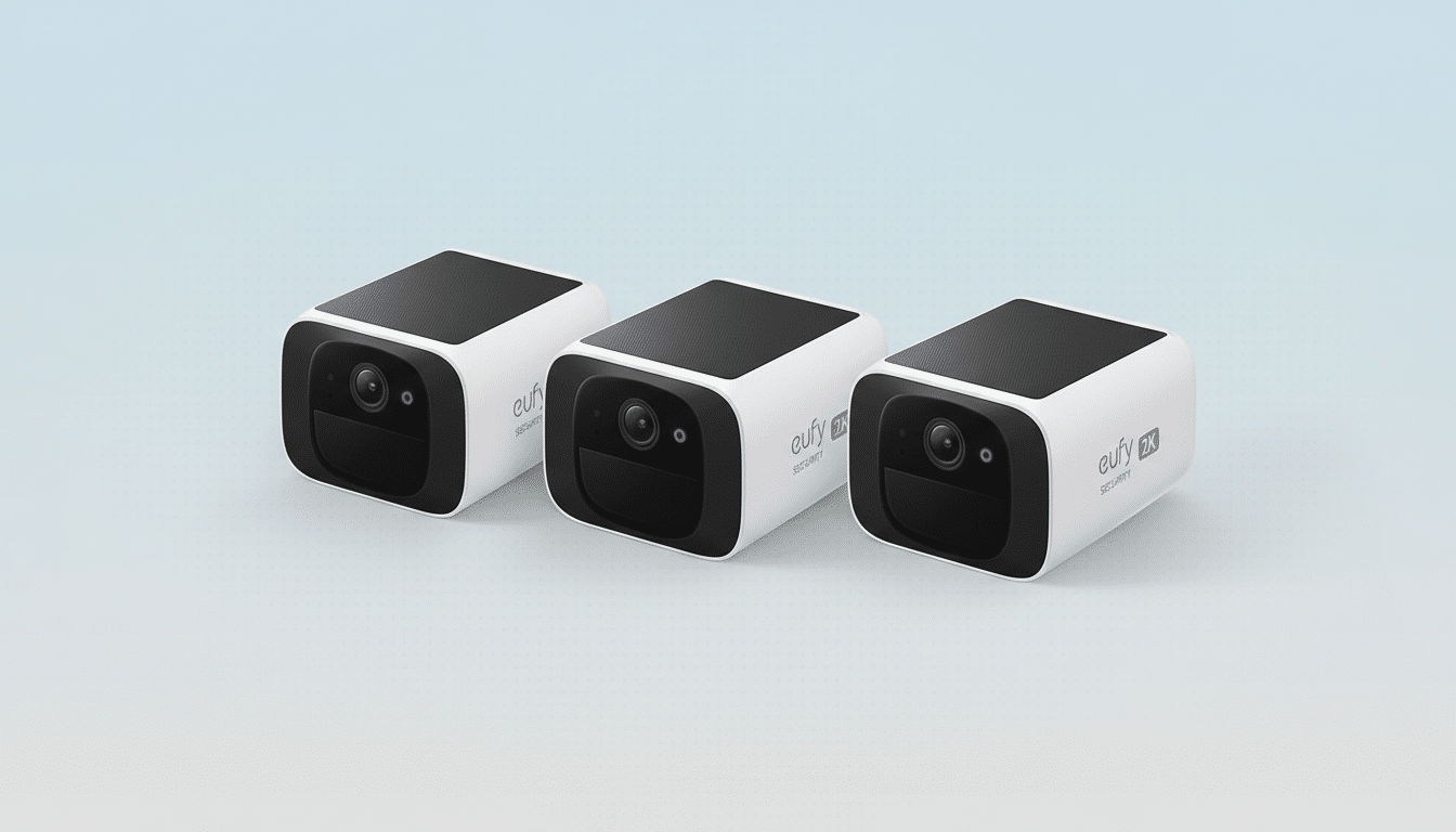 Three white Eufy Security 2K cameras with black tops are arranged diagonally on a light blue gradient background.