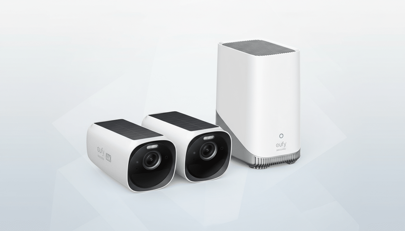 A professional 16:9 aspect ratio image of a white Eufy security system, featuring two cameras with solar panels and a base station, set against a clean, light gray gradient background.