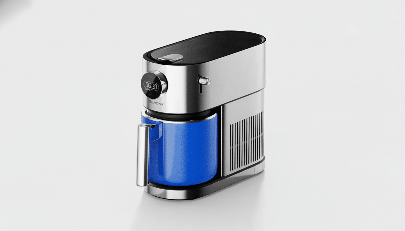 A sleek, modern coffee maker with a silver and black body, featuring a vibrant blue mug attached to the front. The digital display shows 08:30.