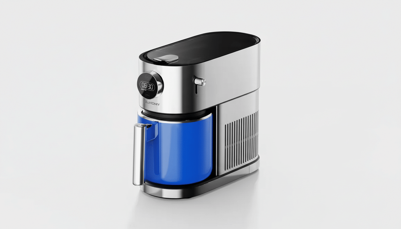 A sleek, modern coffee maker with a silver and black body, featuring a vibrant blue mug and a digital display showing 08:30.