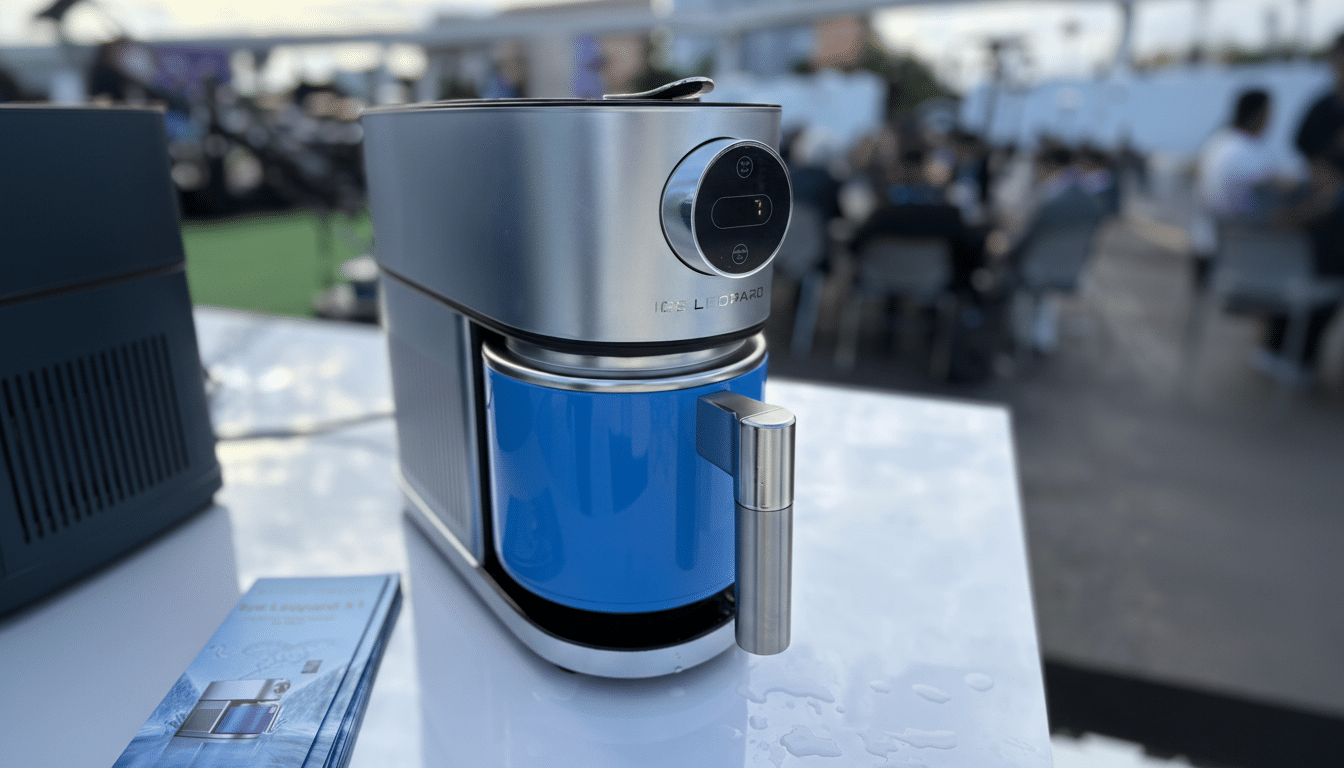 A silver and blue ICE LEOPARD branded ice cream maker on a white table with a blurred outdoor background.