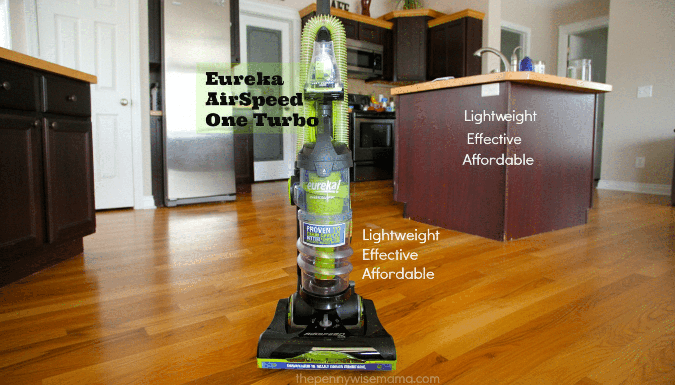 A Eureka AirSpeed One Turbo vacuum cleaner on a wooden floor in a kitchen, resized to a 16:9 aspect ratio.