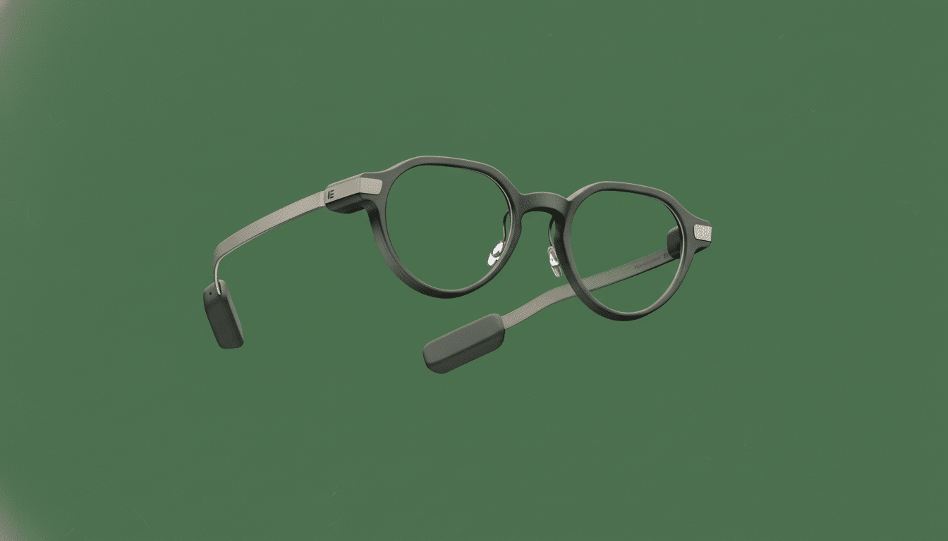A pair of smart glasses with dark frames and light gray arms, presented on a professional green background.