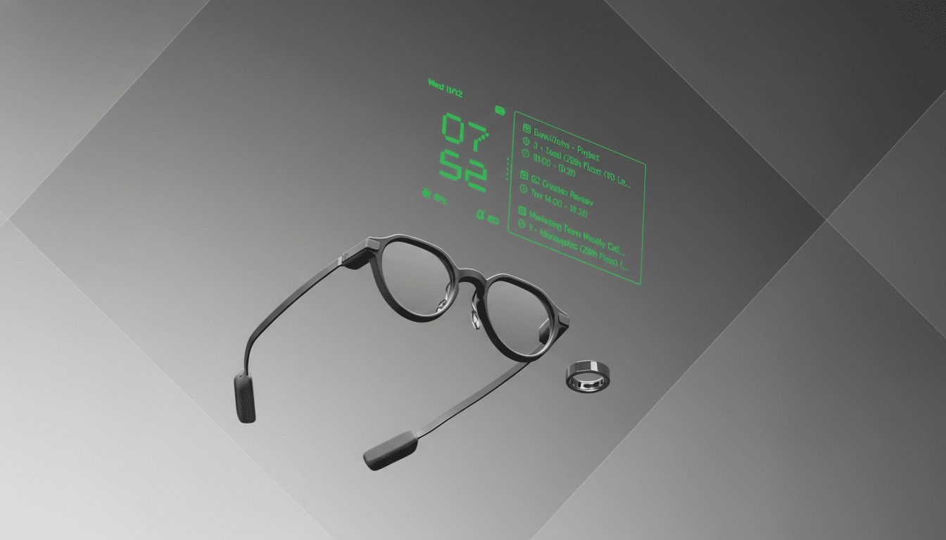 Smart glasses and a smart ring displaying a holographic interface with time and calendar events, set against a professional gray background with subtle geometric patterns.