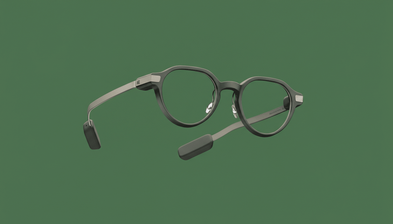 A pair of smart glasses with dark gray frames and metallic gray arms, presented on a solid dark green background.