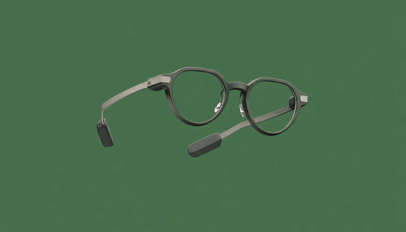 A pair of smart glasses with dark gray frames and silver arms, presented on a solid dark green background.