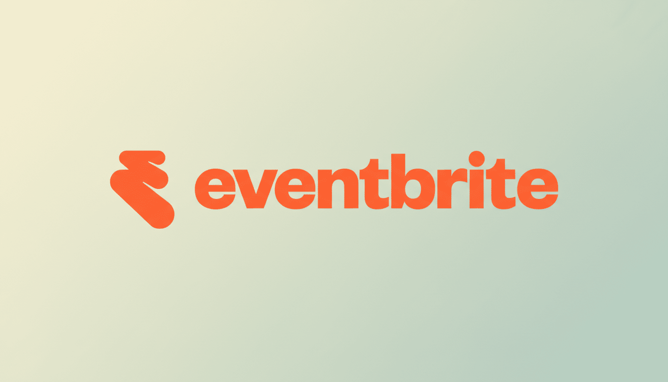 The Eventbrite logo, featuring the word eventbrite in orange lowercase letters next to an orange abstract icon, set against a professional 16:9 aspect ratio background with a subtle gradient from light green to light blue.