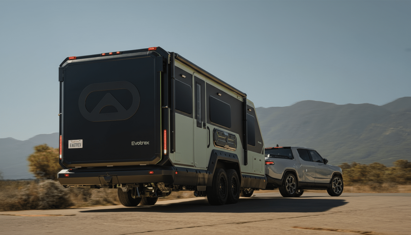 A Rivian truck towing an Evoltrex camper on a road with mountains in the background.