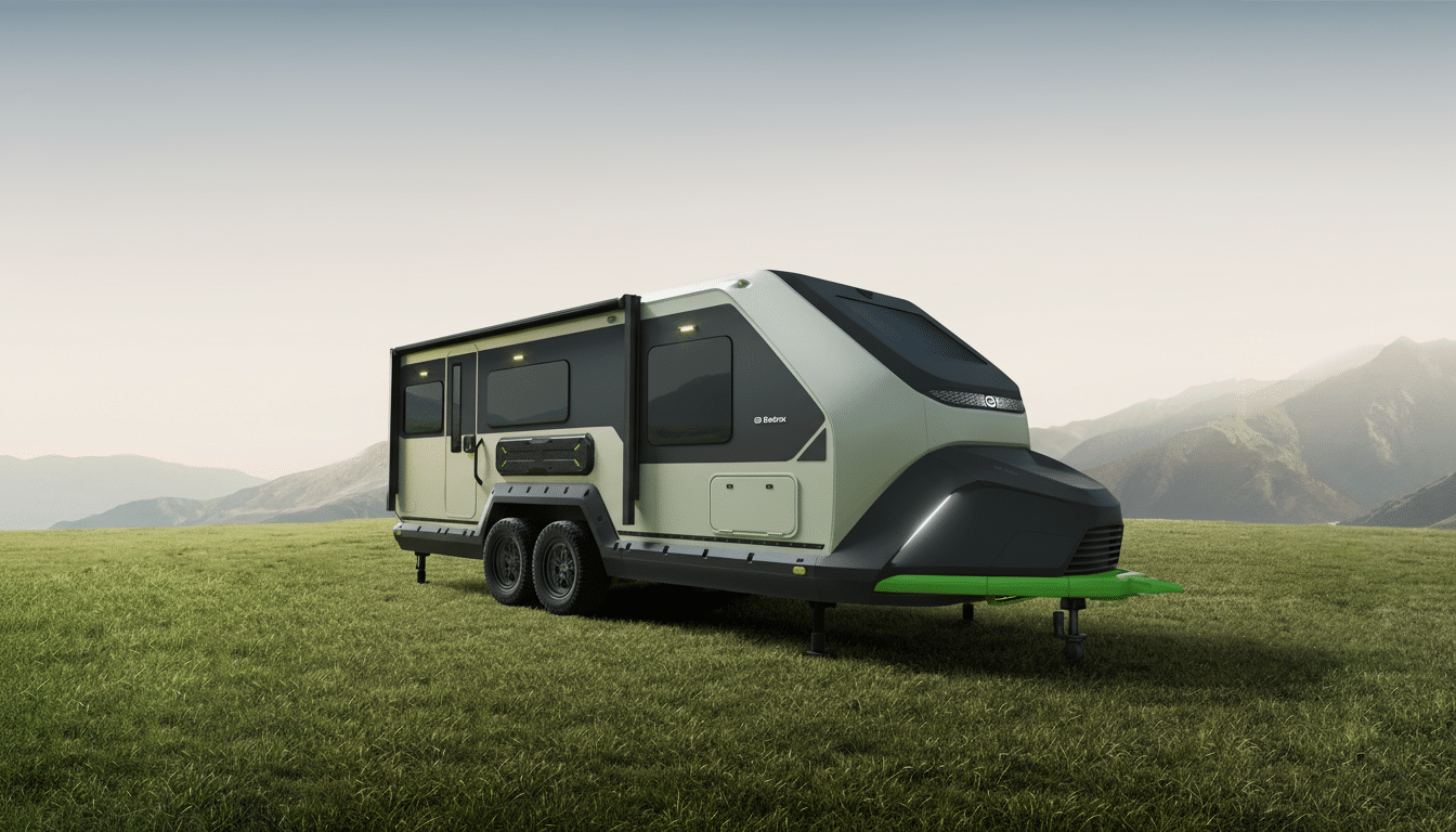 A modern, sleek travel trailer with a green and black exterior, parked on a grassy field with mountains in the background.