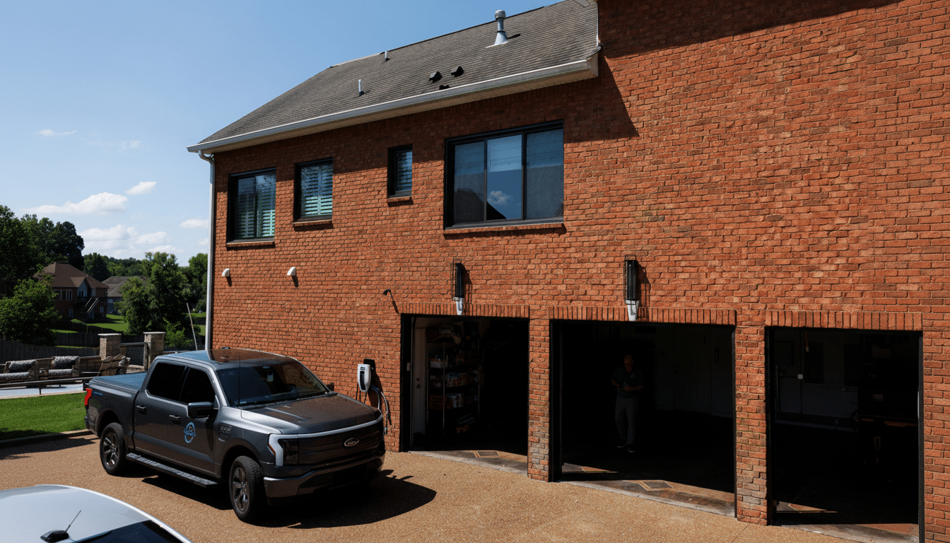 A dark grey electric pickup truck is parked in a driveway next to a brick house with two open garage doors. A charging station is visible on the wall next to the truck.