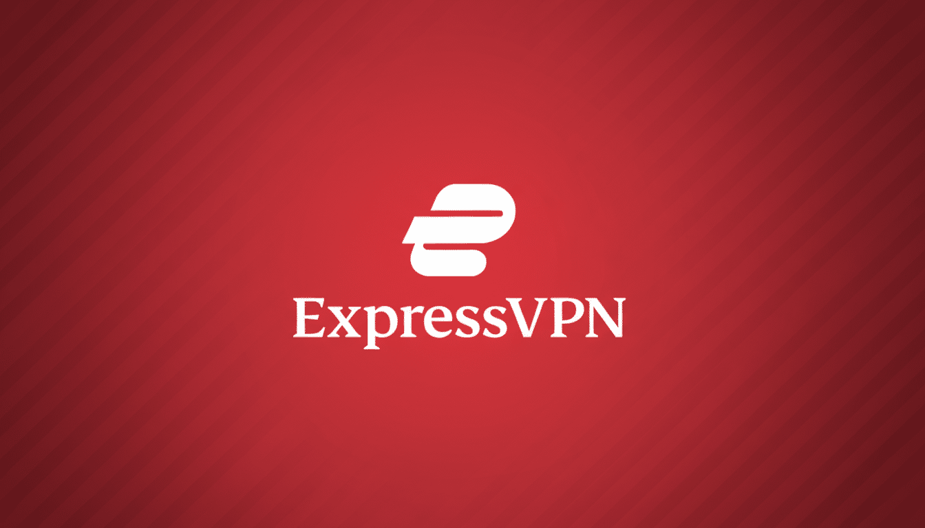 The ExpressVPN logo, featuring a white stylized E above the word ExpressVPN in white text, set against a red background with subtle diagonal stripe patterns and a soft gradient.