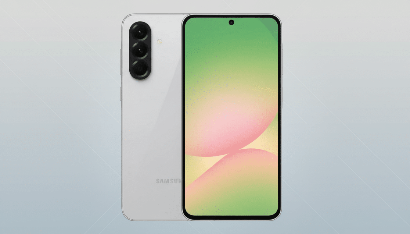 A white Samsung smartphone, showing both its front with a colorful screen and its back with a triple camera setup, presented on a professional flat design background with soft gradients.