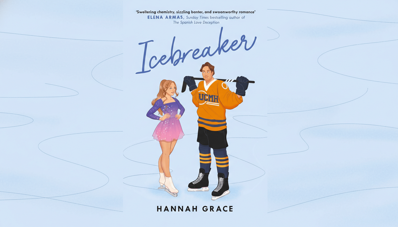 The book cover for Icebreaker by Hannah Grace, featuring a female figure skater and a male hockey player on an ice rink, resized to a 16:9 aspect ratio.