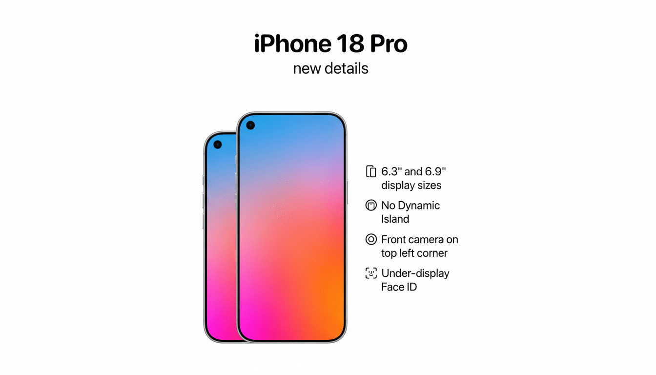 A white background with iPhone 18 Pro new details at the top. Below it are two smartphone outlines, one slightly behind the other, with gradient screens of blue, pink, and orange. To the right, a list of features: 6.3 and 6.9 display sizes, No Dynamic Island, Front camera on top left corner, and Under-display Face ID.
