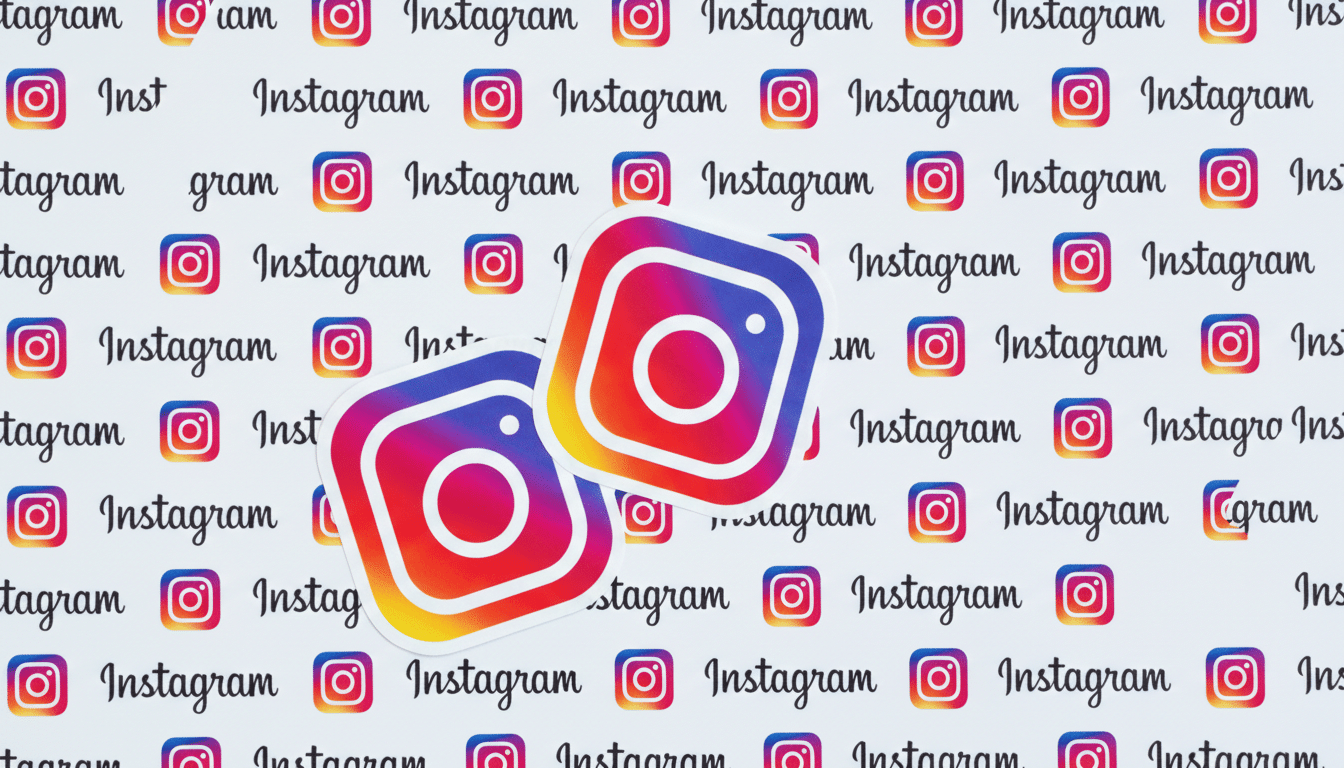 Two Instagram logo stickers on a background patterned with smaller Instagram logos and text.