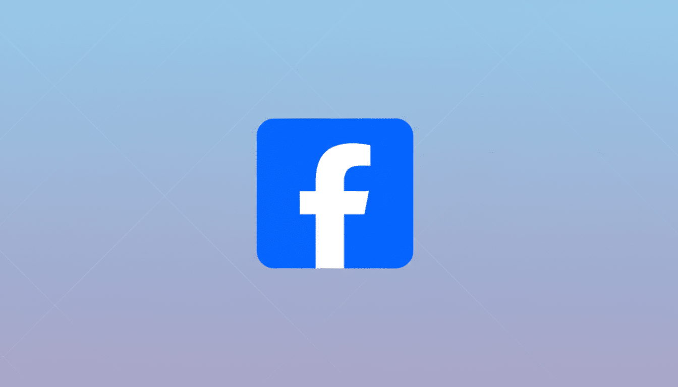 The Facebook f logo, a white lowercase f on a blue rounded square, centered on a professional 16:9 background with a soft blue and purple gradient and subtle geometric patterns.