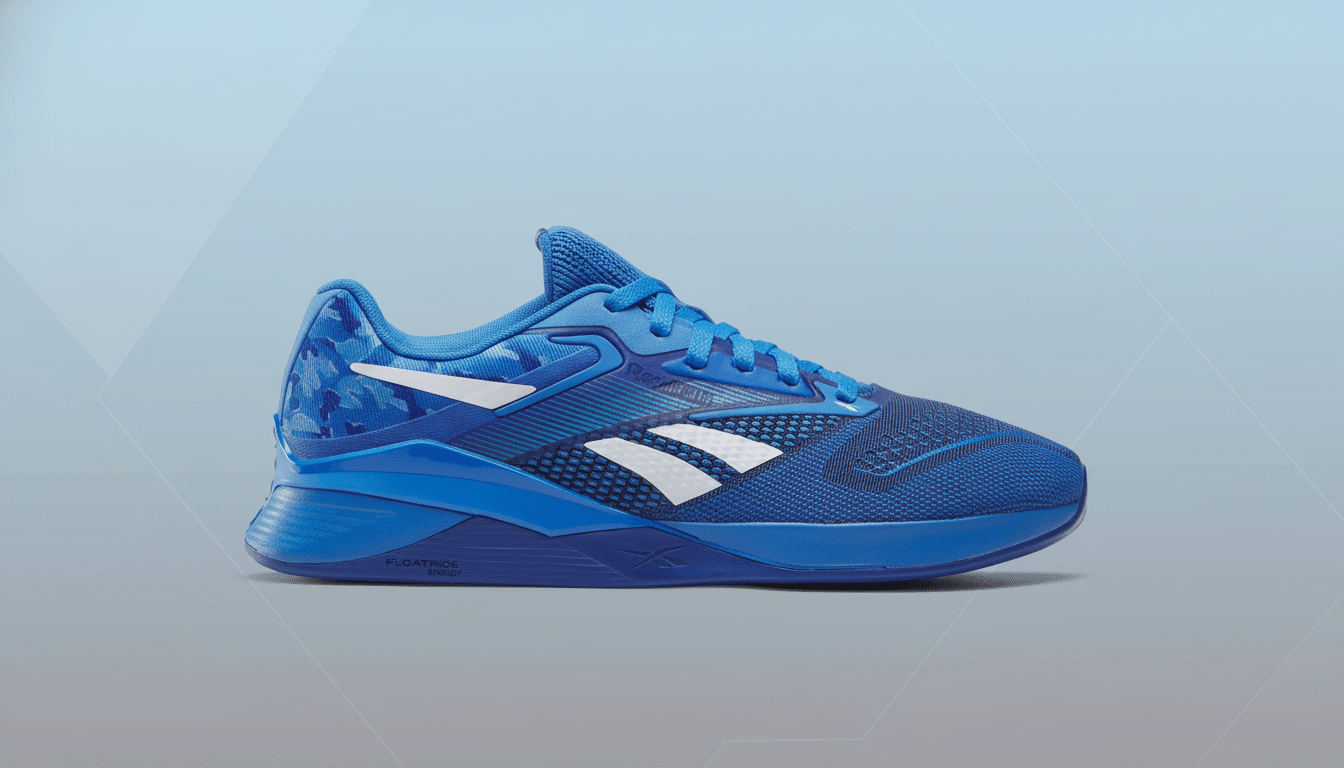 A blue Reebok sneaker with white accents, presented on a professional flat design background with a soft blue gradient.