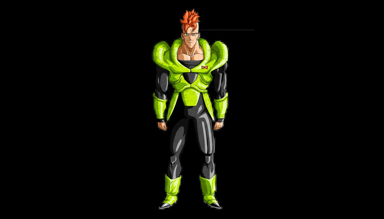A full-body image of Android 16 from Dragon Ball Z, standing against a black background. He has spiky red hair, blue eyes, and is wearing a black and lime green battle suit with the Red Ribbon Army logo on his chest. The image is resized to a 16:9 aspect ratio.