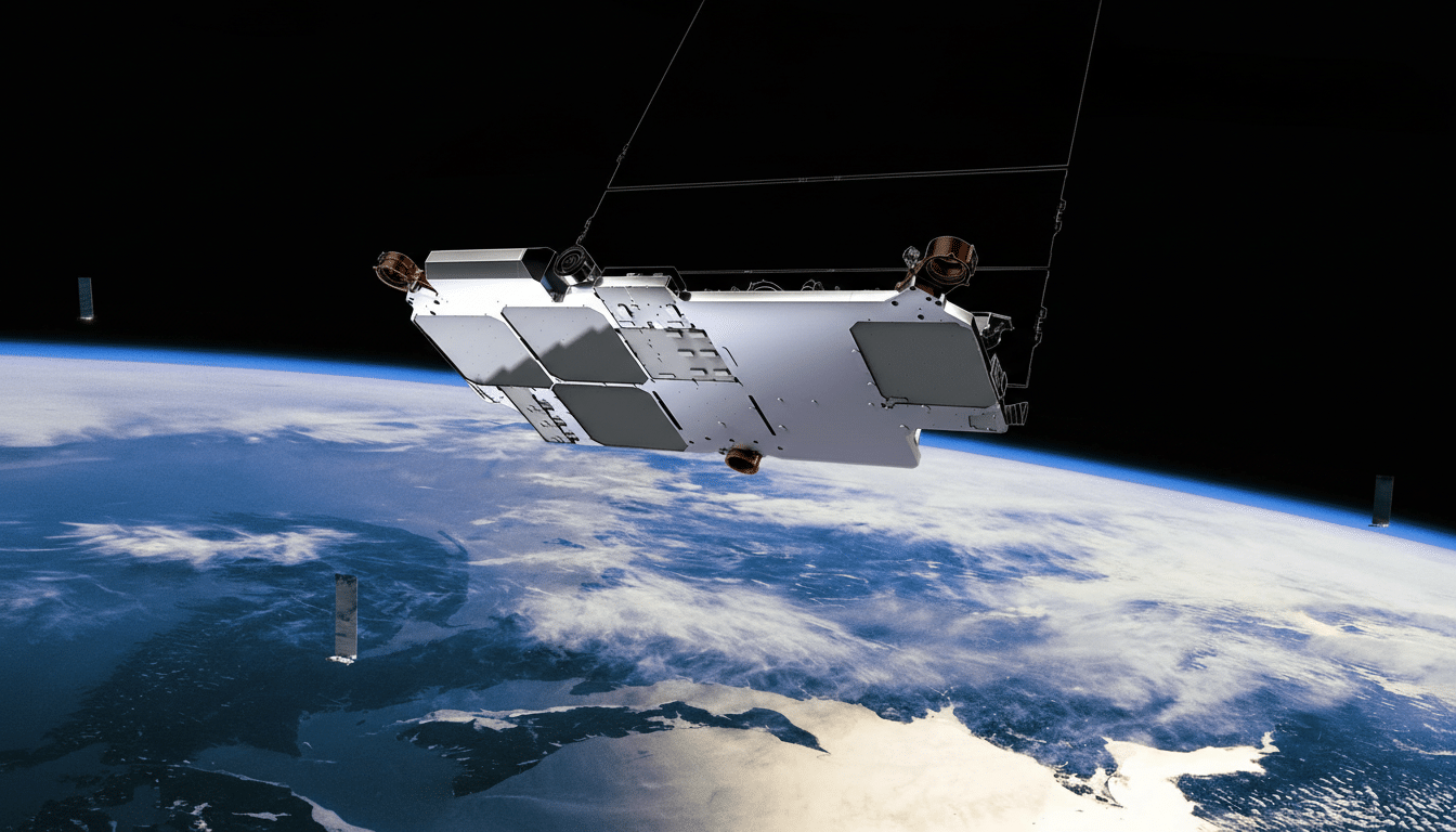 A satellite orbiting above Earth, with the planets blue oceans and white clouds visible below.