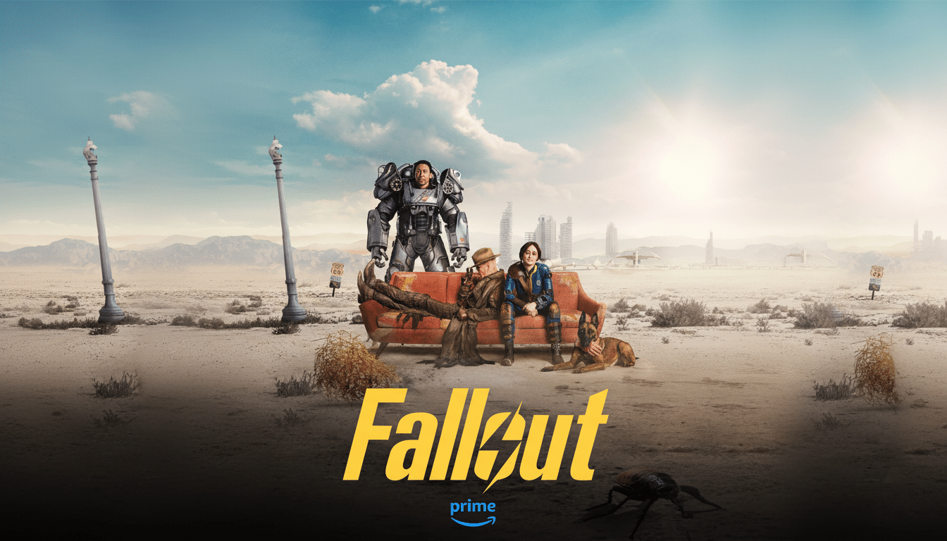 A 16:9 aspect ratio image of the Fallout TV series promotional art, featuring three main characters and a dog on a couch in a desert landscape, with the Fallout logo at the bottom.
