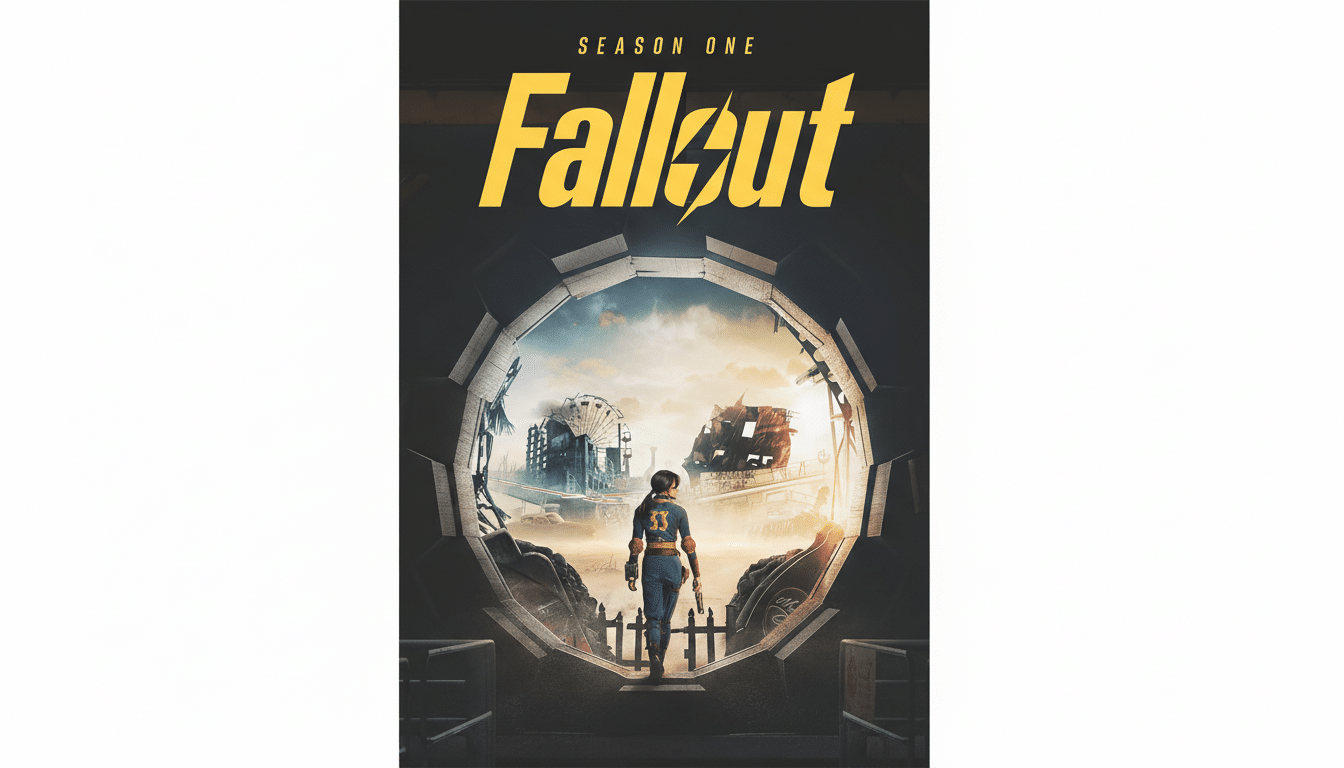 The Fallout TV series poster shows a lone figure in a Vault 33 jumpsuit looking out through a circular vault door at a desolate, post-apocalyptic landscape with ruined buildings and a Ferris wheel. The Fallout title in yellow is at the top, with SEASON ONE above it.