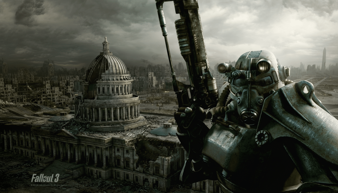 A power-armored soldier from Fallout 3 stands in the foreground, overlooking a ruined Capitol Building and a desolate, post-apocalyptic Washington D.C. under a stormy sky.