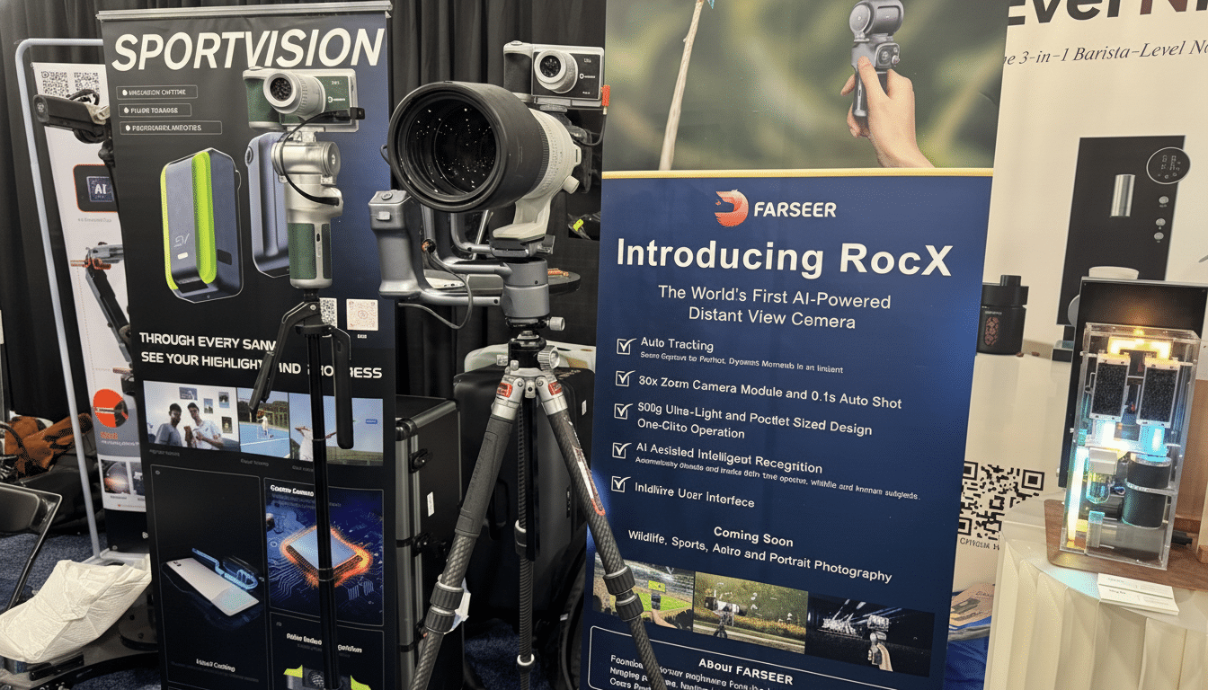 A professional image of a camera setup on a tripod, with a banner introducing the Farseer RocX, The Worlds First AI-Powered Distant View Camera.