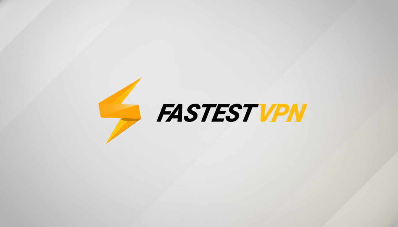 The FastestVPN logo, featuring a stylized orange lightning bolt to the left of the text FASTESTVPN with FASTEST in black and VPN in orange, presented on a professional light gray background with subtle diagonal gradient patterns.