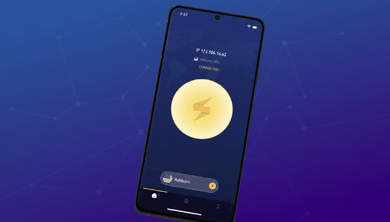 A smartphone displaying a VPN app interface with a connected status, set against a professional blue gradient background with subtle network patterns.