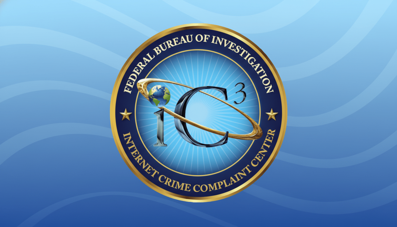 The FBI Internet Crime Complaint Center (IC3) logo, featuring a globe and the letters IC3 in a circular emblem, set against a professional blue background with subtle wave patterns.