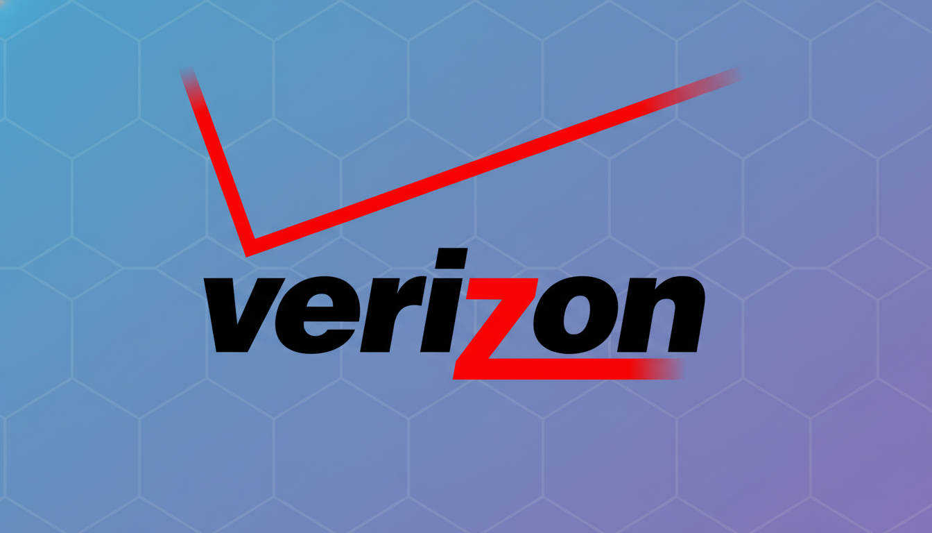 The Verizon logo, featuring the word verizon in black with a red Z and a red checkmark above, set against a professional flat design background with soft blue and purple gradients and subtle hexagonal patterns.