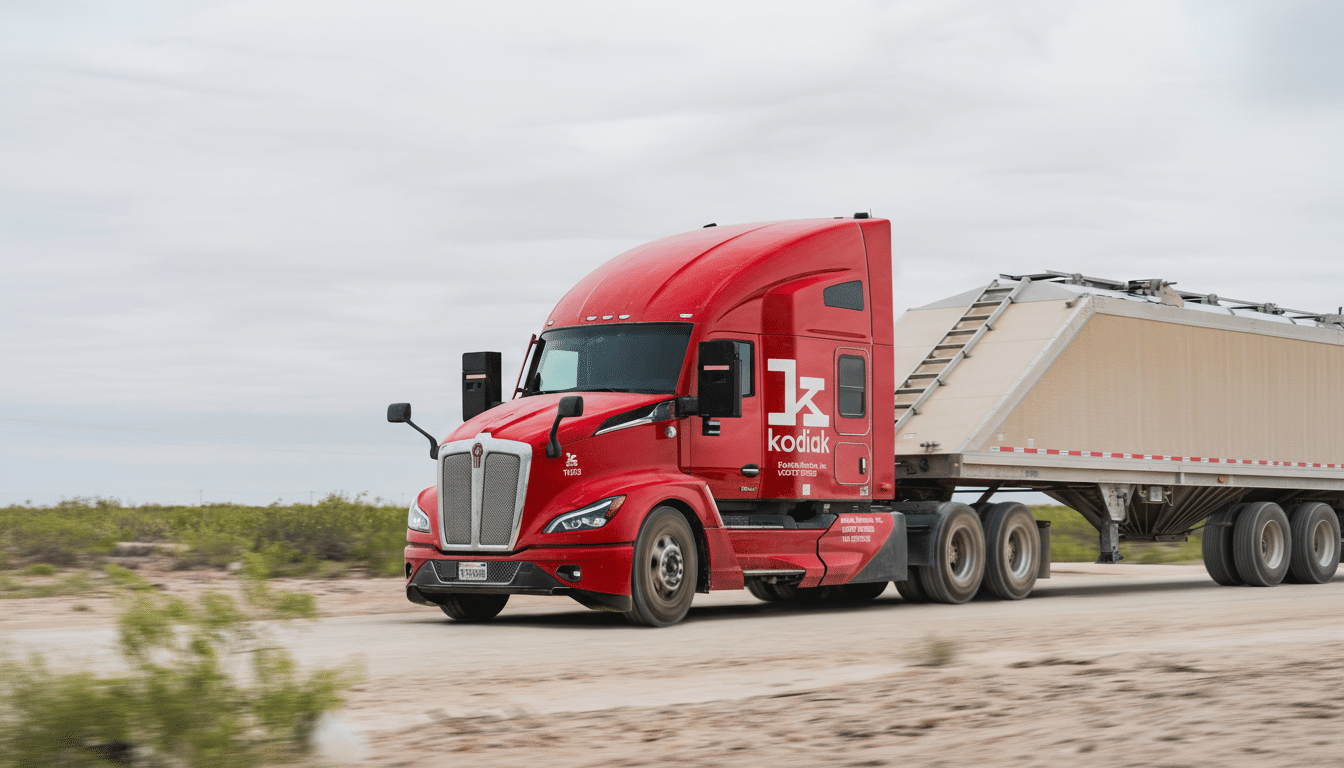 A red Kodiak semi-truck with a trailer driving on a dirt road under a cloudy sky.
