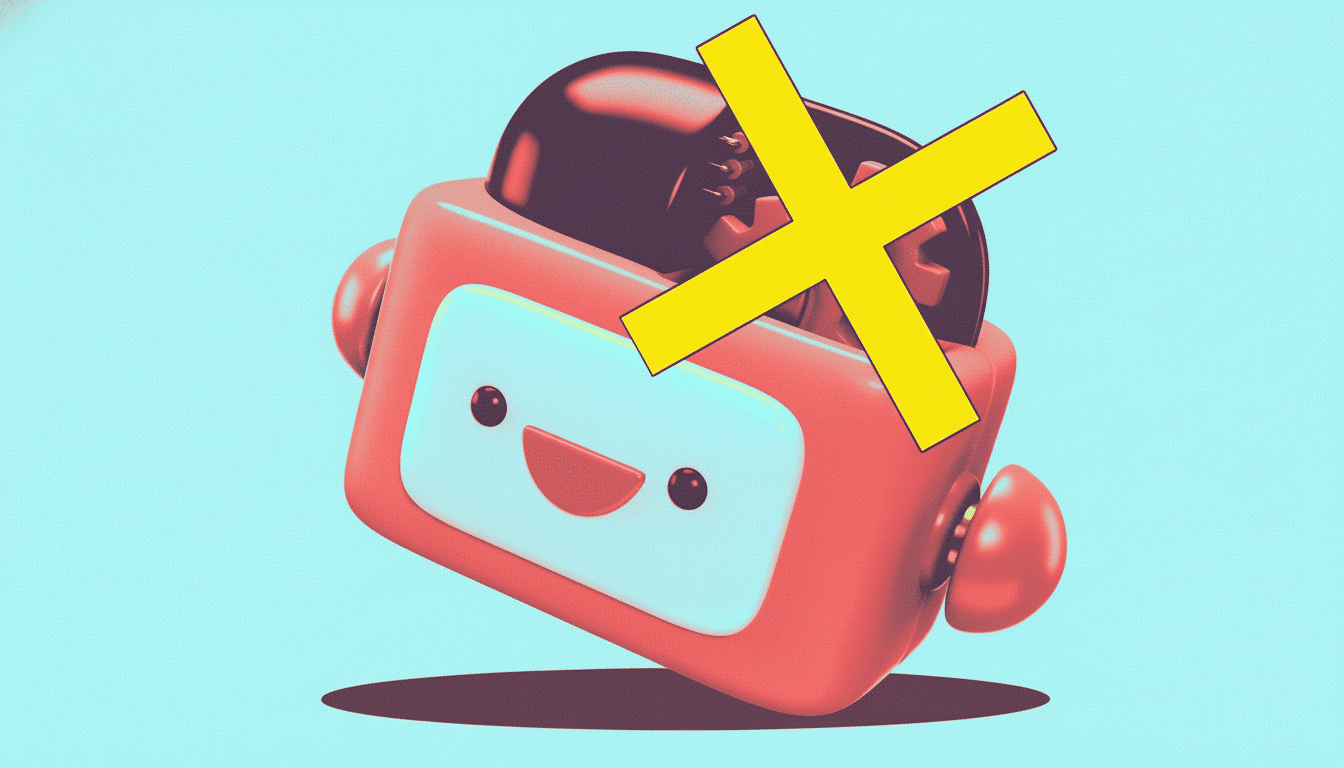 A red robot with a smiling face and a yellow X over its head, set against a light blue background.