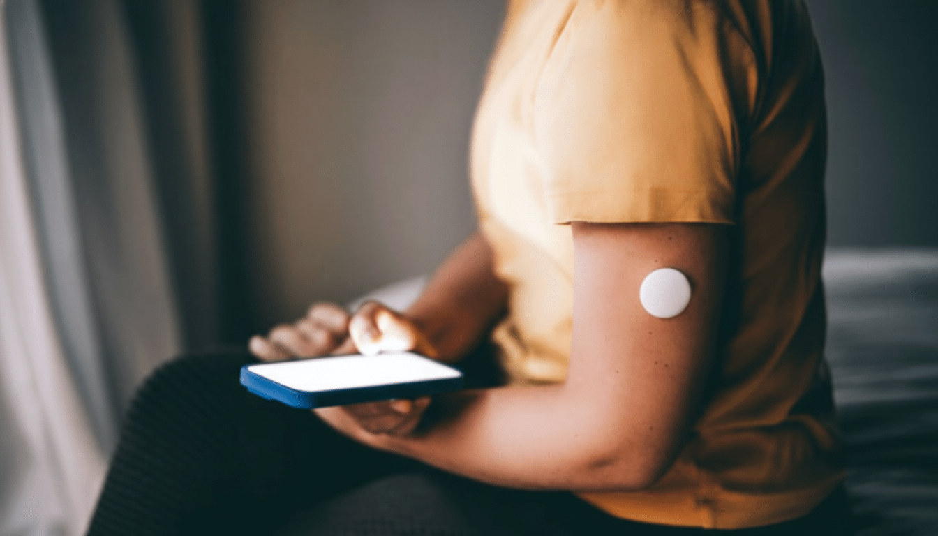 A person wearing a continuous glucose monitor on their arm while looking at a smartphone.