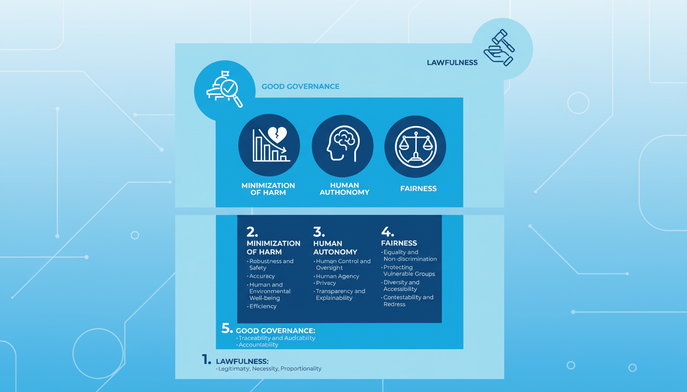 A professional infographic illustrating five principles of good governance and AI ethics: Lawfulness, Minimization of Harm, Human Autonomy, Fairness, and Good Governance. The top section features icons for each principle, while the bottom section provides detailed bullet points for each. The background is a soft blue gradient with subtle circular patterns.