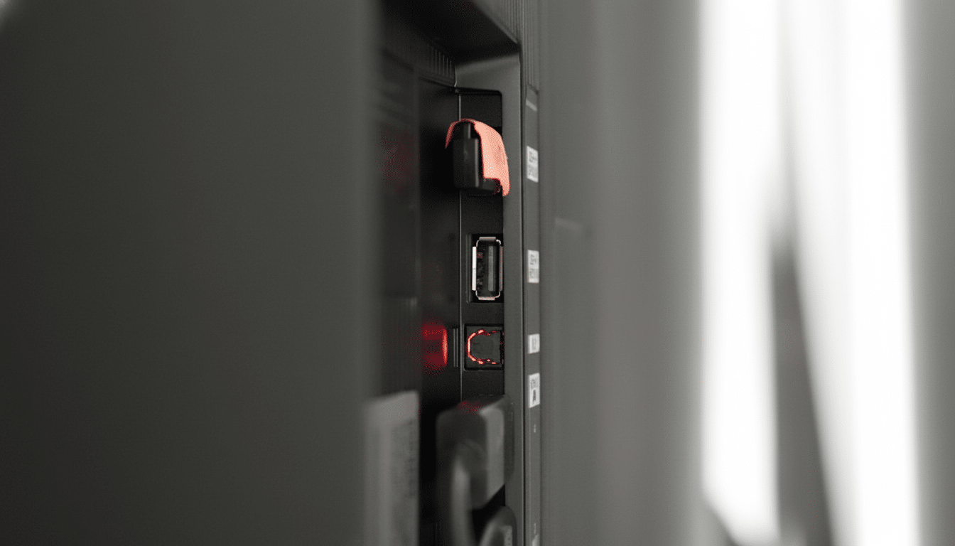 A close-up, side view of the back of a television, showing various ports including USB and optical audio, with a red light emanating from one of the ports.