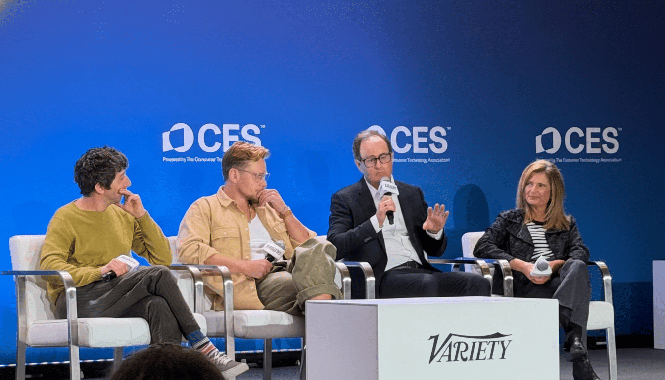 Four panelists, three men and one woman, are seated on a stage with a blue background featuring the CES logo. The man in the center is speaking into a microphone.
