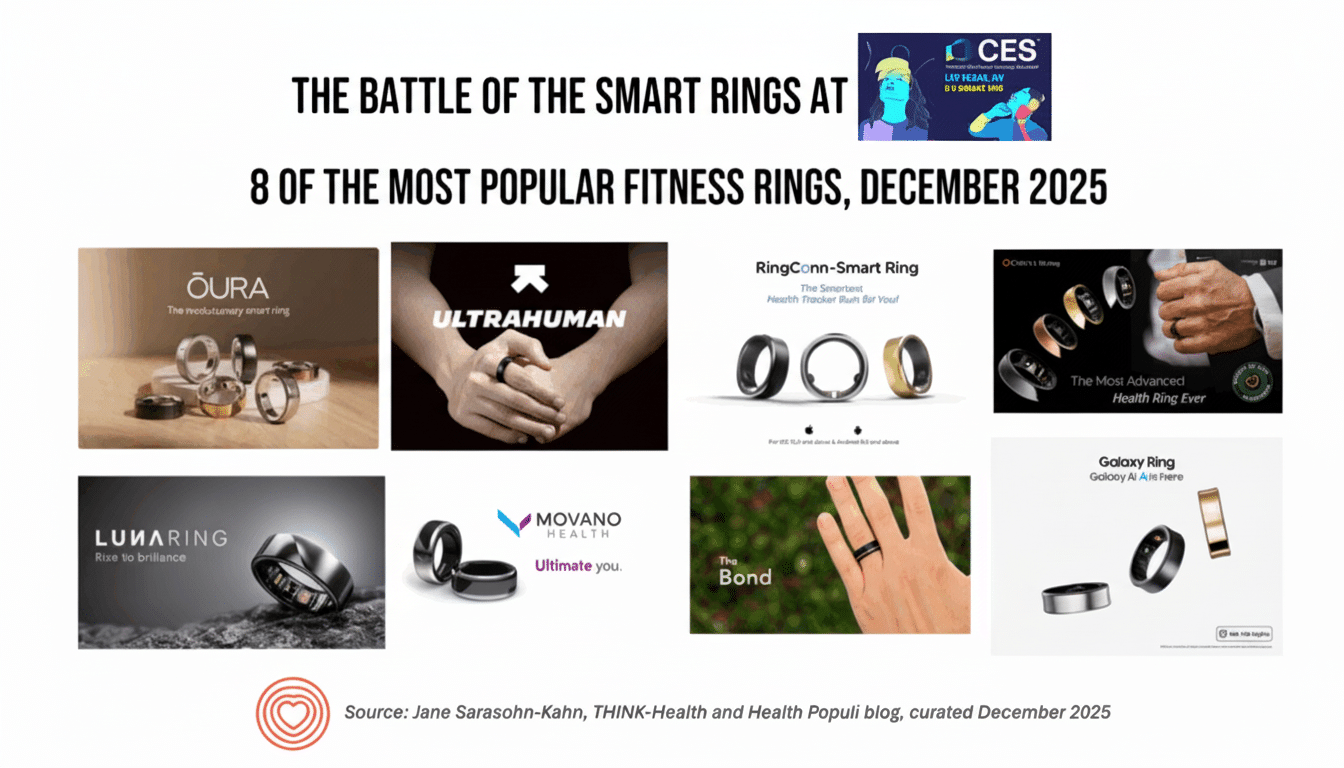 An image titled THE BATTLE OF THE SMART RINGS AT 8 OF THE MOST POPULAR FITNESS RINGS, DECEMBER 2025 featuring a collage of eight different smart rings from various brands.