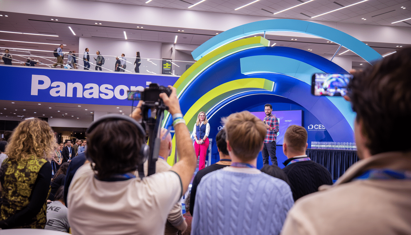 Two presenters on a stage with a large blue and yellow archway behind them, addressing an audience.