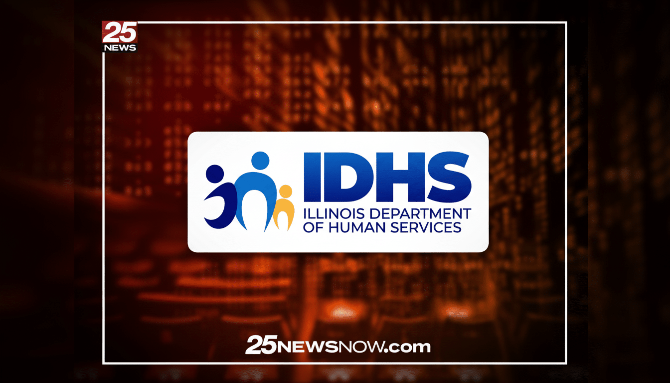 The IDHS (Illinois Department of Human Services) logo is prominently displayed on a dark, abstract background with orange and red hues, framed by a thin white border. The 25 NEWS logo is in the top left corner, and 25NEWSNOW.com is at the bottom center.
