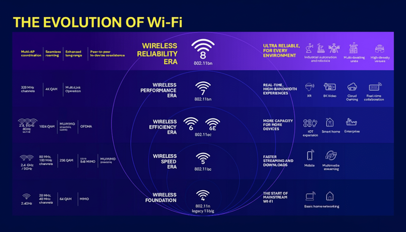 A professional infographic titled THE EVOLUTION OF Wi-Fi on a dark blue background, detailing the progression of Wi-Fi standards from Wireless Foundation to Wireless Reliability Era with associated technologies and applications.