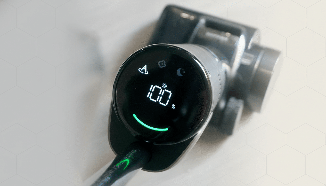 A close-up of a vacuum cleaners digital display showing 100% charge and a green charging indicator, set against a professional flat design background with soft patterns.