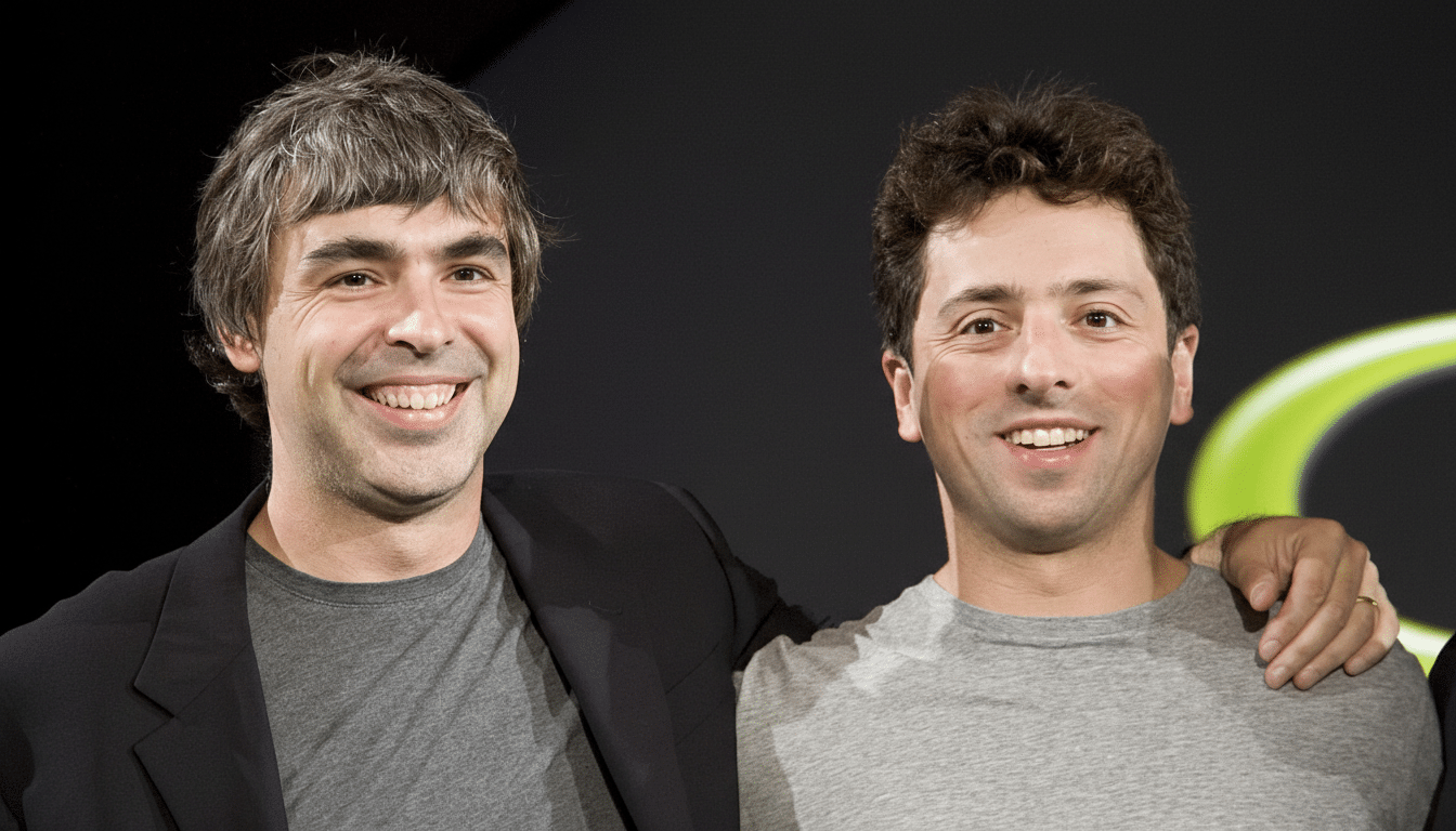 A 16:9 aspect ratio image of Larry Page and Sergey Brin smiling, with Page on the left in a black jacket and grey t-shirt, and Brin on the right in a grey t-shirt with his arm around Page. The background is dark with a subtle green logo element visible.