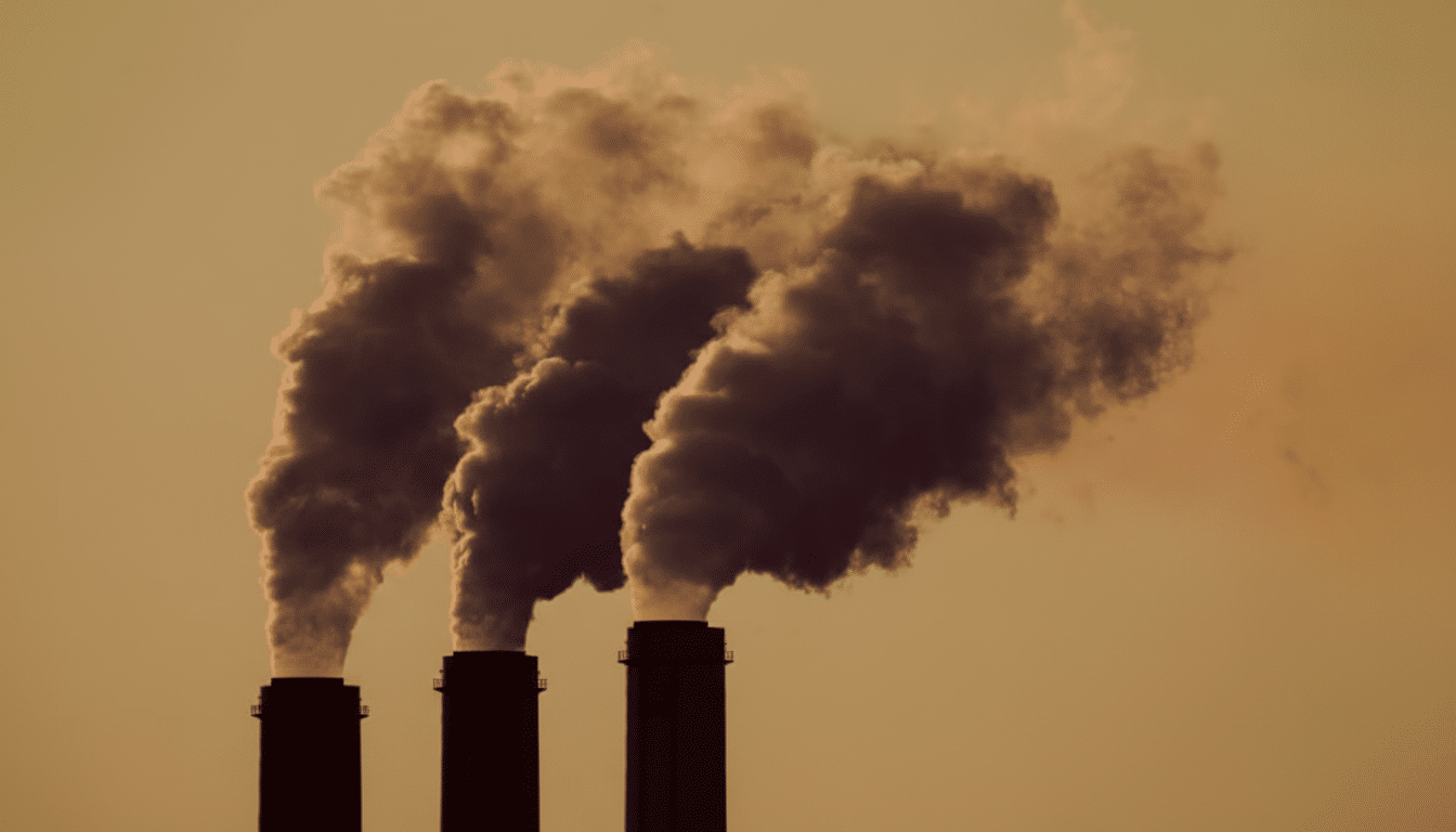 Three industrial smokestacks emit plumes of dark smoke against a warm, hazy sky, resized to a 16:9 aspect ratio.