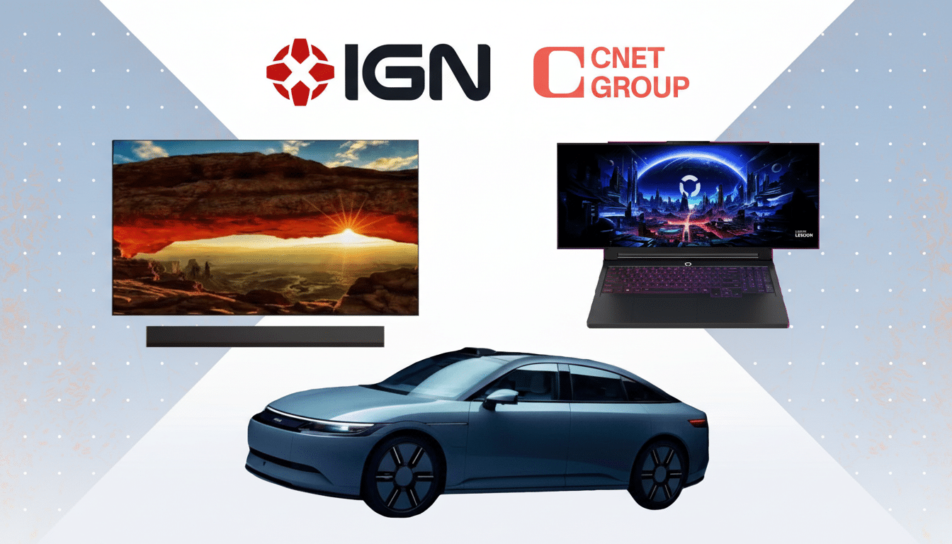 A professional image featuring the IGN and CNET Group logos at the top, with a television displaying a sunset through a rock formation, a gaming laptop, and a sleek blue electric car arranged below.