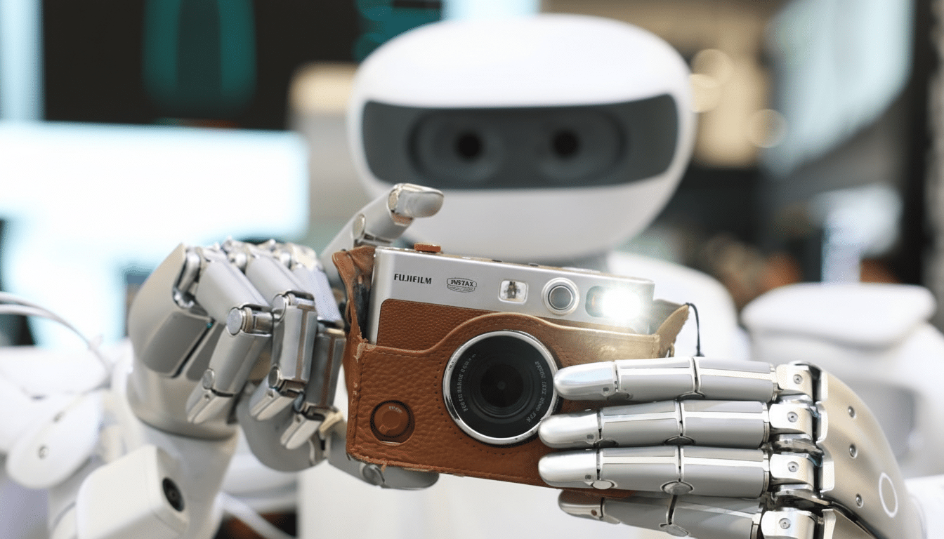 A white robot with a grey face holds a silver Fujifilm Instax camera in a brown leather case, with the cameras flash illuminated.