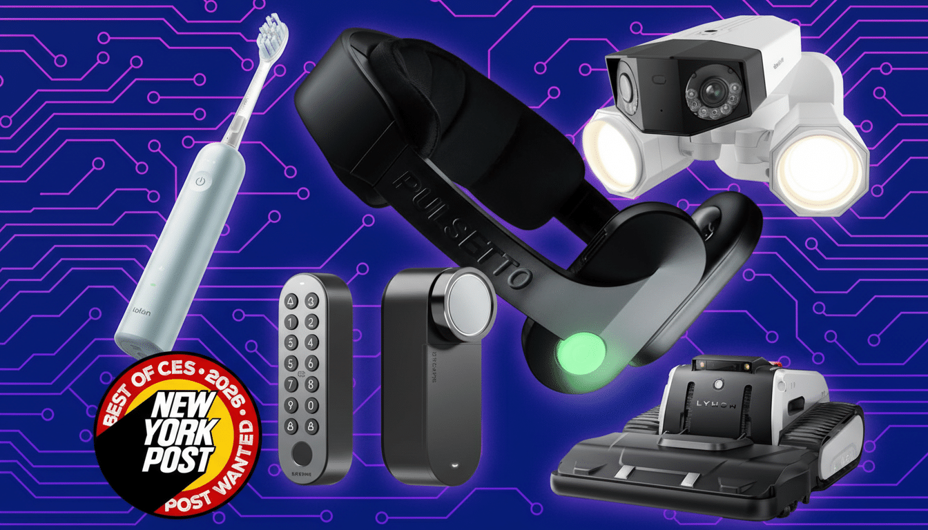 A collage of various tech gadgets, including a smart toothbrush, a VR headset, a security camera, a smart lock, a remote control, and a robotic lawnmower, all set against a purple circuit board background with a Best of CES 2026 New York Post badge.