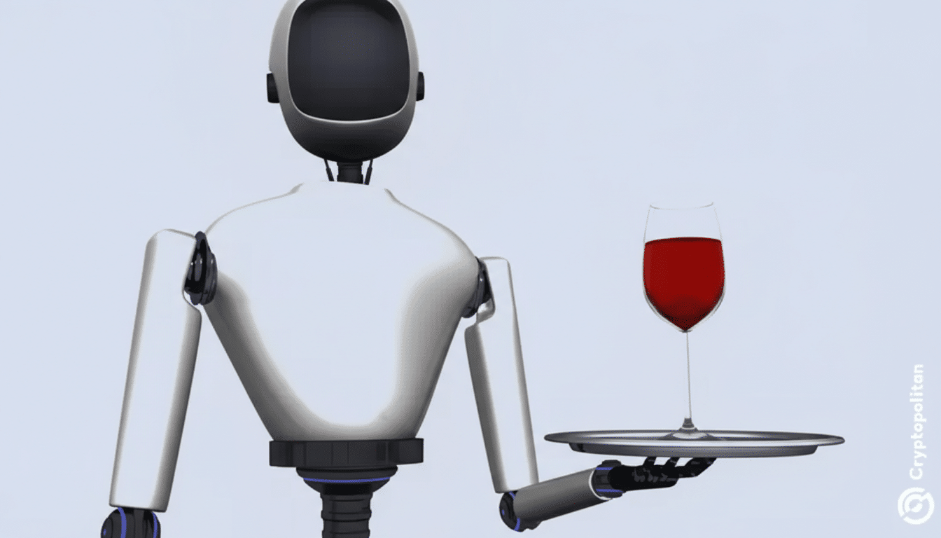 A white and black robot waiter holding a silver tray with a glass of red wine.