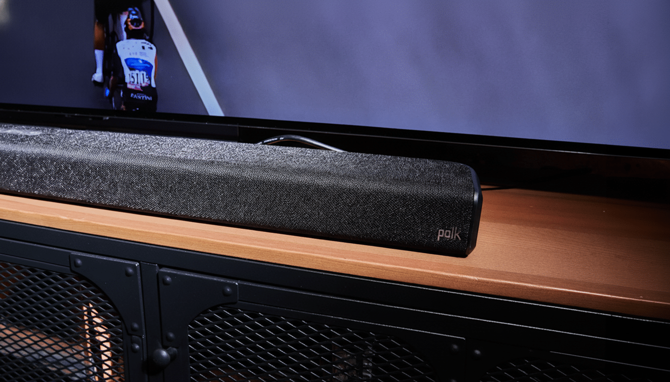 A black Polk soundbar sits on a wooden surface in front of a television screen.