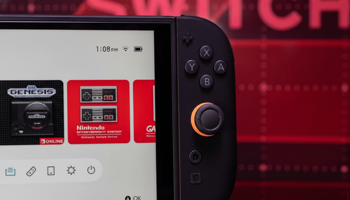 A close-up of a Nintendo Switch console, displaying game icons for Sega Genesis and Nintendo Entertainment System on its screen.